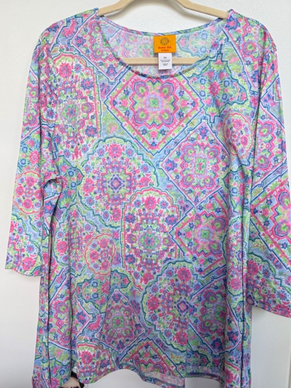 Ruby Rd. 2X Colorful Boho Medallion Print Top, 3/4 Sleeve, Lightweight Blouse